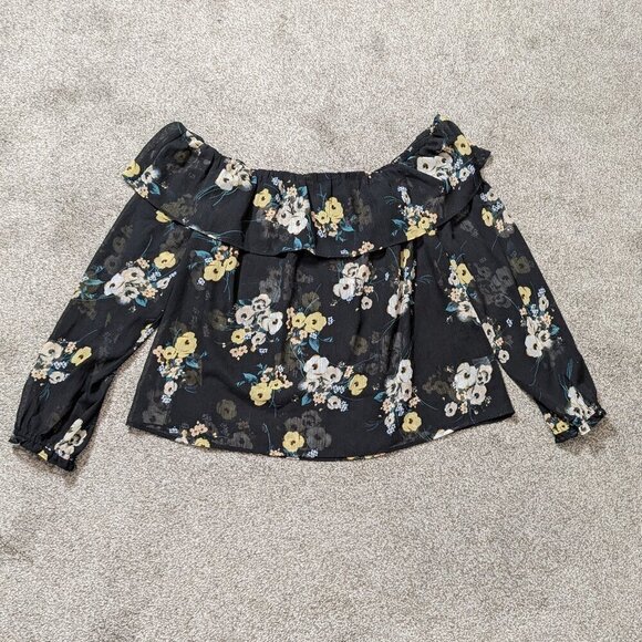 a.n.a. Black Floral Sheer Chiffon Off-Shoulder Ruffle Peasant Top; Size L - Picture 1 of 4